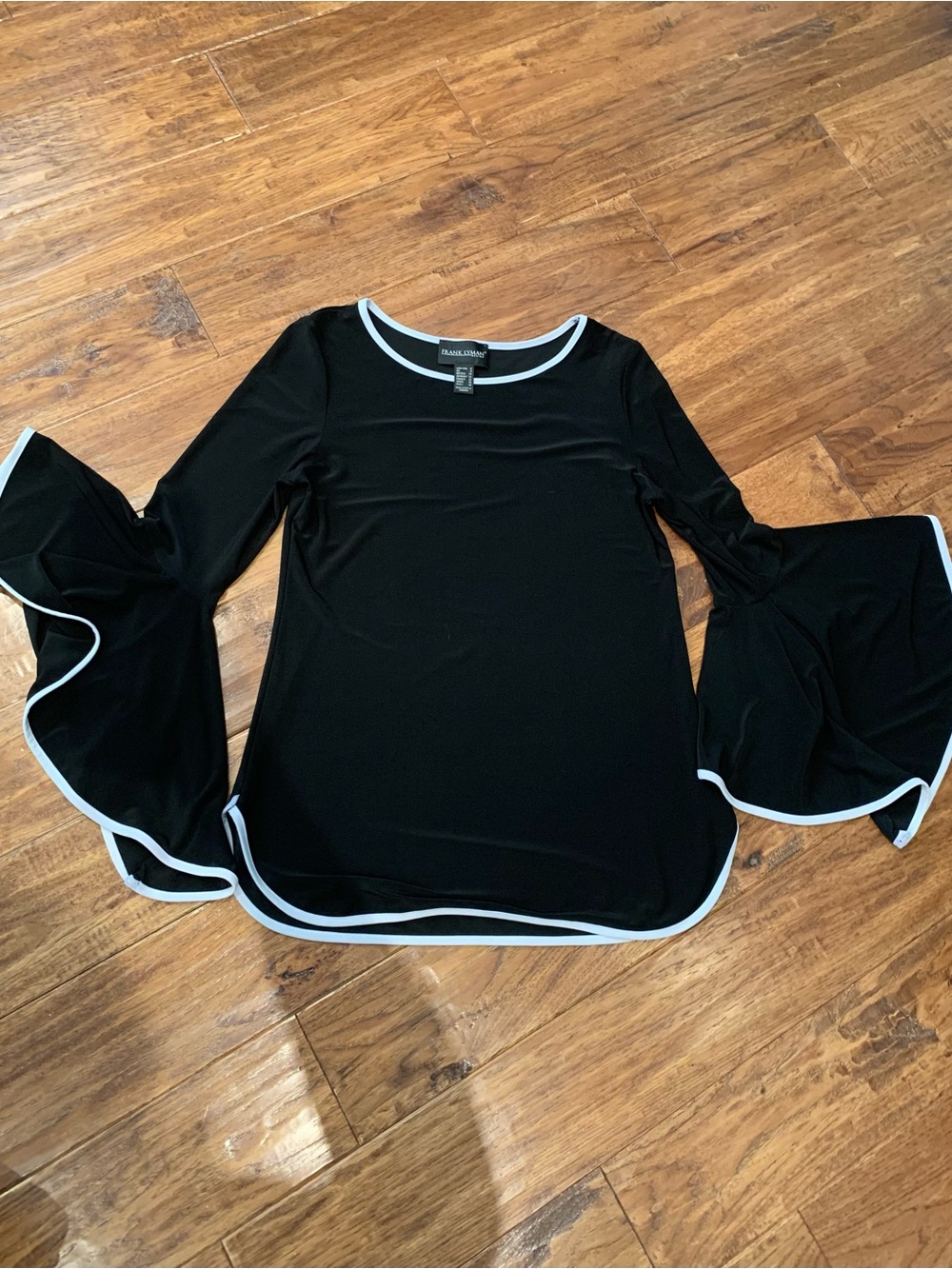 Frank Lyman Design Black Top with Pink Trim — Flared Long Sleeve Tee